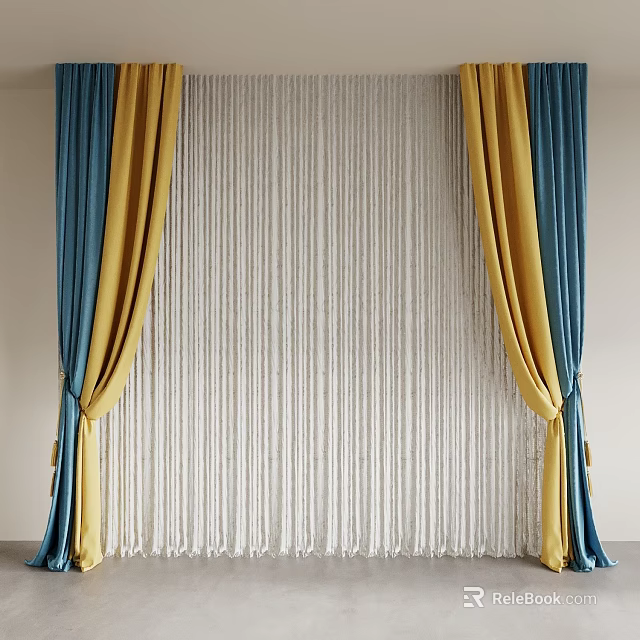 Elegant Modern Blue and Yellow Curtains With White Sheer String Drapes Interior 3d model