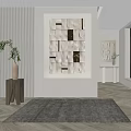 Modern Living Space With Abstract Wall Art Wooden Floor And Gray Rug 3d model