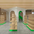 Modern Retail Store Interior Design With Wooden Ceiling Glass Doors Green Walls And Display Shelves