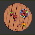 Fresh Assorted Fruits on Wooden Round Table with Blue Bowl and Purple Grapes
