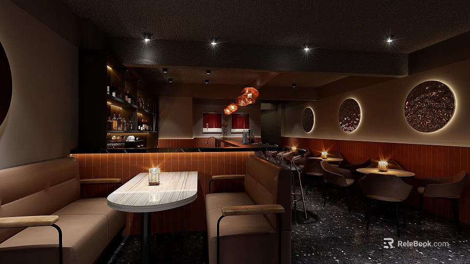 Stylish Modern Restaurant Interior With Booth Seating Round Tables And Hanging Pendant Lights 3d model 