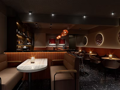 Stylish Modern Restaurant Interior With Booth Seating Round Tables And Hanging Pendant Lights 3d model