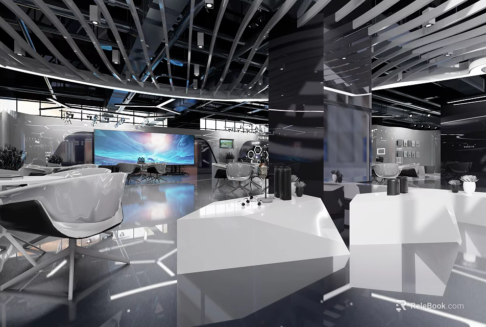 Modern Exhibition Hall Interior Design With White Display Platforms And Tech Lighting 3d model 
