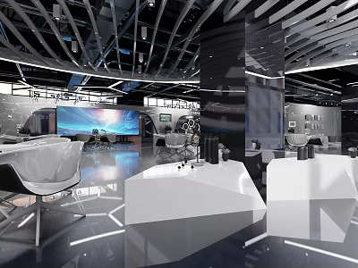 Modern Exhibition Hall Interior Design With White Display Platforms And Tech Lighting 3d model