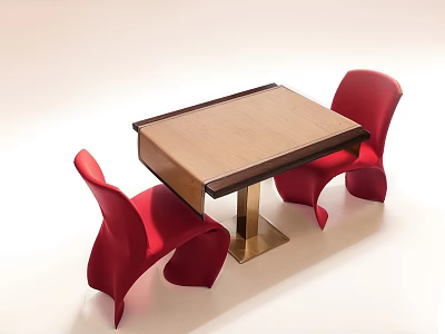 Red Modern Leisure Chairs Upholstered With Curved Design And Wooden Table In Living Space 3d model
