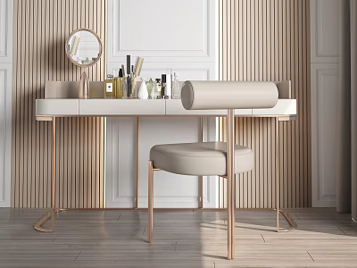 Modern Dressing Table With Round Mirror Beige Chair And Cosmetics On Wooden Wall Background 3d model