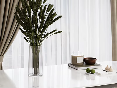 Transparent Vase With Wheat Stems On White Tabletop With Candle Bowl Limes And Garlic 3d model