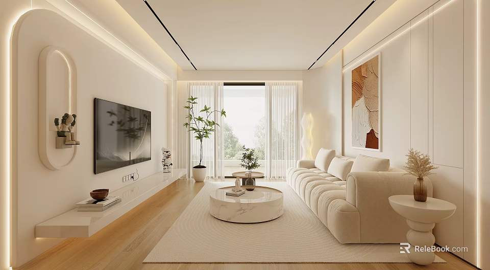 Modern Living Room Interior With White Sofa Round Coffee Table And Floor to Ceiling Windows 3d model 