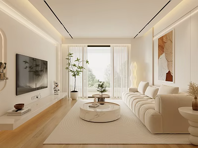 Modern Living Room Interior With White Sofa Round Coffee Table And Floor to Ceiling Windows 3d model