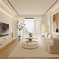 Modern Living Room Interior With White Sofa Round Coffee Table And Floor to Ceiling Windows