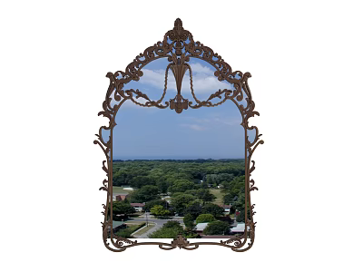 Ornate Decorative Mirror With Intricate Frame Reflecting Blue Sky Green Trees And Scenic Landscape 3d model