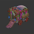 Ornate Decorative Wagon With Colorful Fabrics Wooden Wheels Steps And Hanging Lanterns