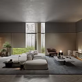 Modern Living Room Interior With Large Window Green Outdoor View Light Sofa Brown Accent Chair And Coffee Table