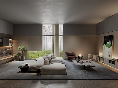 Modern Living Room Interior With Large Window Green Outdoor View Light Sofa Brown Accent Chair And Coffee Table 3d model