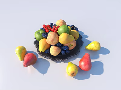 Assorted Fresh Fruits Including Pears Apples Blueberries Raspberries In Black Plate With Scattered Pears 3d model