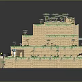 Cartoon Style Stepped Building Scene with Green Rooftop Gardens Balconies and Architectural Details
