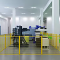 Industrial Factory Interior With Robotic Arms Yellow Safety Fences And Green Markings