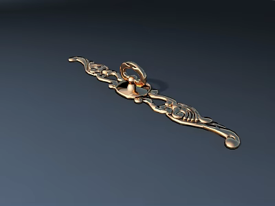 Ornate Golden Door Handle with Intricate Carved Patterns and Ring Design 3d model