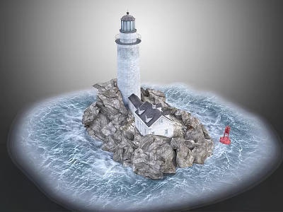Cozy Wooden House On Rocky Island With Lighthouse Ocean Waves And Red Buoy 3d model