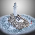 Cozy Wooden House On Rocky Island With Lighthouse Ocean Waves And Red Buoy