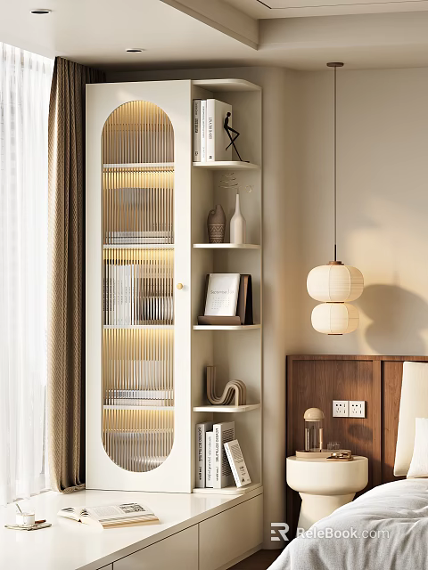 Modern Bookcase With Glass Door Layered Shelves Decorative Vases Books Art Sculptures In Bedroom 3d model 