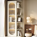 Modern Bookcase With Glass Door Layered Shelves Decorative Vases Books Art Sculptures In Bedroom