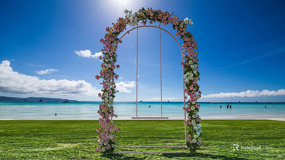 Scenic Seaside Flower Arch With Swing On Green Grass Under Blue Sky 3d model 