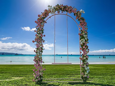 Scenic Seaside Flower Arch With Swing On Green Grass Under Blue Sky 3d model