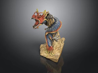 Colorful Dragon Sculpture With Red Head Blue Body And Wooden Base 3d model