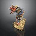 Colorful Dragon Sculpture With Red Head Blue Body And Wooden Base
