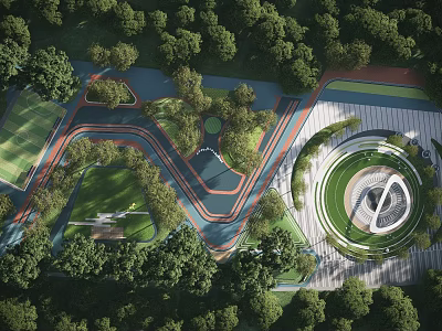 Park Landscape With Winding Pathways Lush Green Trees And Circular Plaza Area 3d model
