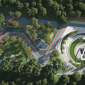 Park Landscape With Winding Pathways Lush Green Trees And Circular Plaza Area