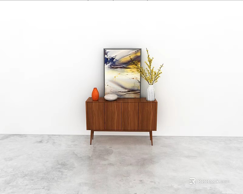 Modern Walnut Console Table With Orange Vase Artwork On White Wall And Gray Floor 3d model 