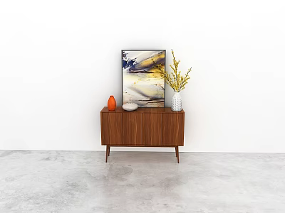 Modern Walnut Console Table With Orange Vase Artwork On White Wall And Gray Floor 3d model