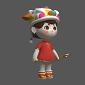 Woman in Traditional Red Outfit with Colorful Decorative Hat and Holding Stick