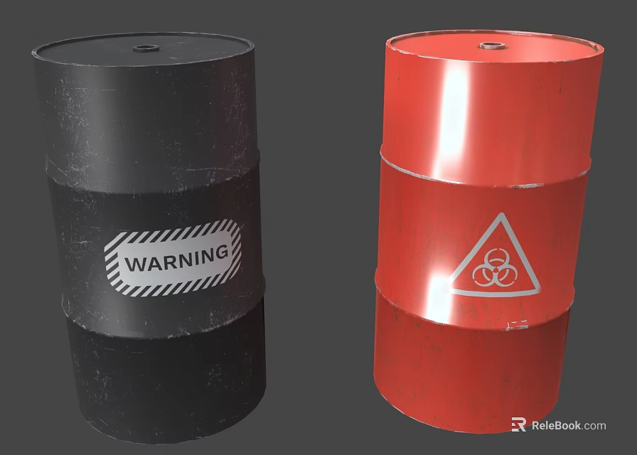 Black and Red Industrial Drums with Warning Label and Biohazard Symbol 3d model 