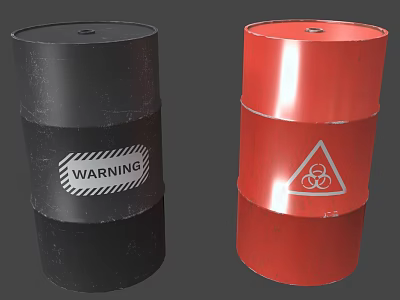 Black and Red Industrial Drums with Warning Label and Biohazard Symbol 3d model