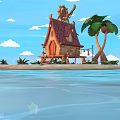 Cartoon Tropical Island Scene With Red Roof Hut Palm Trees And Blue Water
