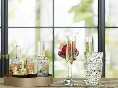 Drinks on Tray with Glasses Bottles Champagne Cups Red Fruits and Window Background 3d model