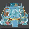 Kids Playground With Blue Water Wave Design Slide Climbing Frame And Cartoon Elements
