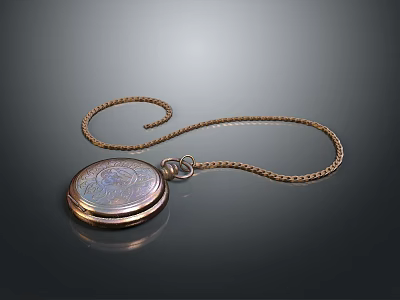 Vintage Brass Pocket Watch With Decorative Dial And Metal Chain Accessory 3d model