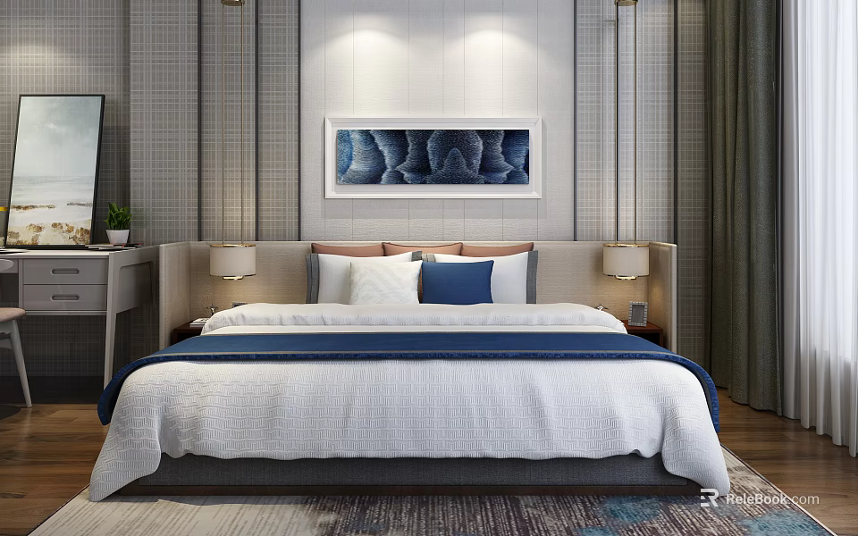 Modern Background Double Bed With White Blue Bedding Bedside Lamps And Wall Art 3d model