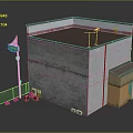 Small Building Structure With Gray Walls Brown Roof Green Street Sign Orange Boxes And Fence