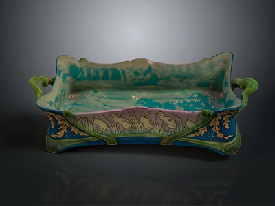 Decorative Ceramic Tray With Blue Green Glaze And Gold Rabbit Patterns 3d model