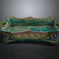Decorative Ceramic Tray With Blue Green Glaze And Gold Rabbit Patterns