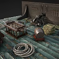 Ancient Weapons Display With Hanging Knives Small Cannon Wooden Barrels Ropes On Wooden Planks Floor
