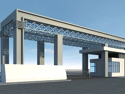Modern Entrance Gate With Metal Roof Structure Concrete Pillars White Wall And Attached Building 3d model