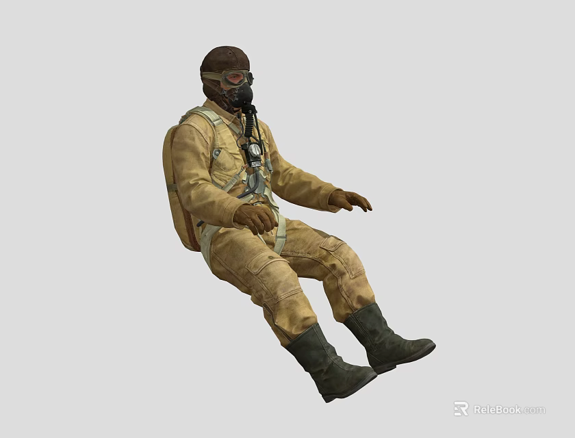 Man in Beige Flight Suit with Helmet Mask and Backpack in Seated Position 3d model 