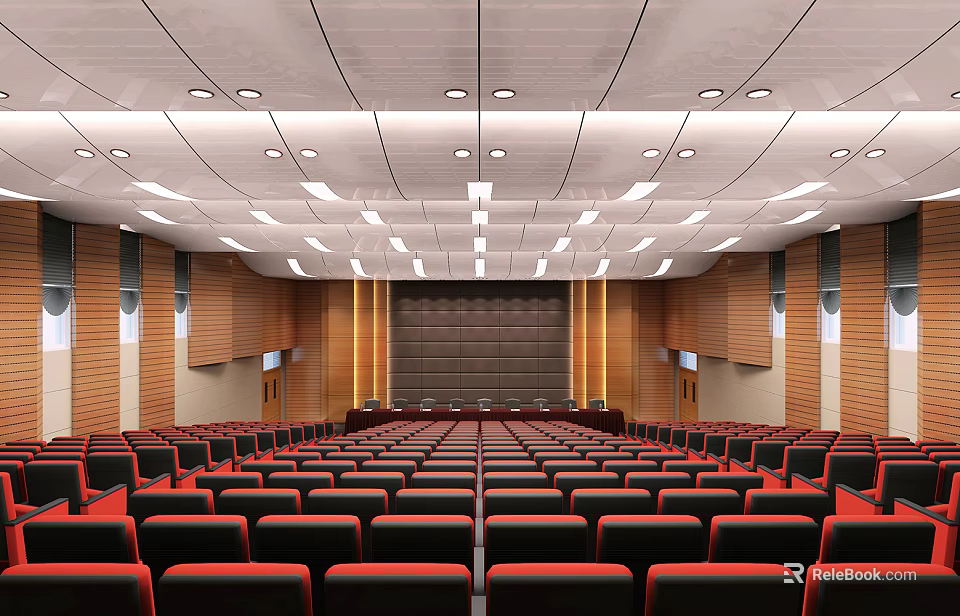 Large Conference Room With Neatly Arranged Red Seats Wooden Walls Lectern Screen And Ceiling Lights 3d model 