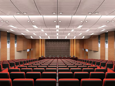 Large Conference Room With Neatly Arranged Red Seats Wooden Walls Lectern Screen And Ceiling Lights 3d model